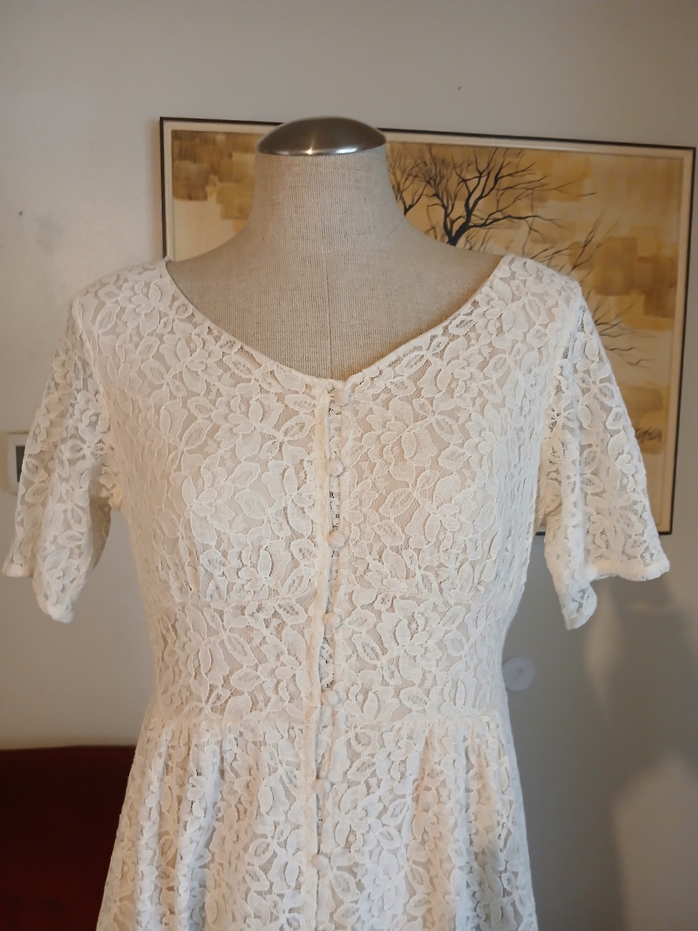 Ivory Lace Midi Dress with Short Sleeves